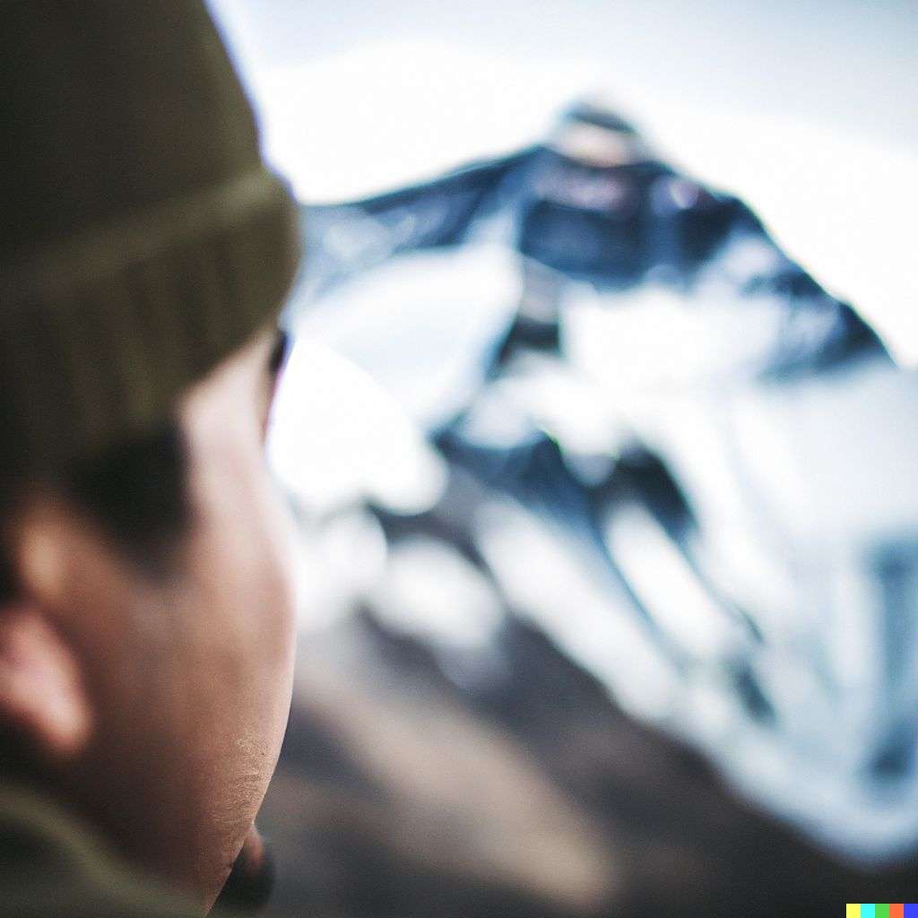 someone gazing at Mount Everest, photograph, f1.4, very shallow depth of field